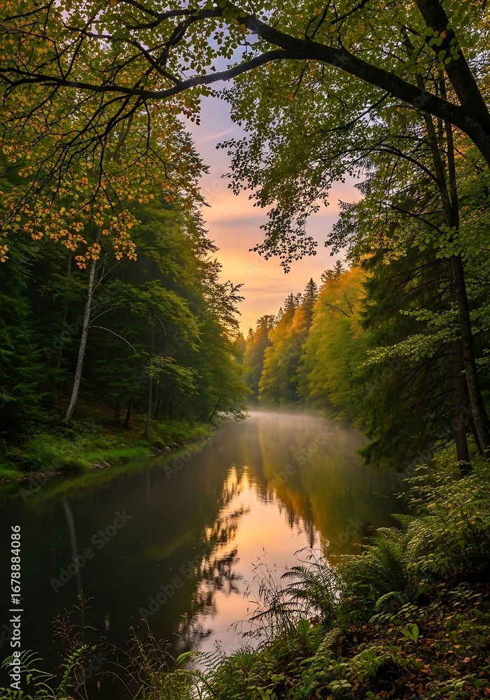Tranquil Autumn Forest River at Sunrise Reflection. Tranquil Autumn Forest River at Sunrise Reflection.