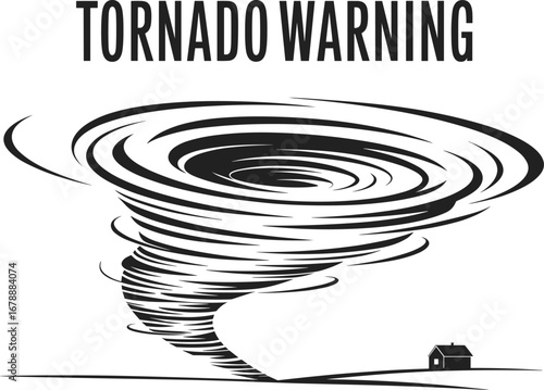 Tornado warning illustration with spinning cyclone, hurricane vortex, storm swirl, natural disaster symbol, wind funnel, house under threat, black and white vector, weather alert graphic