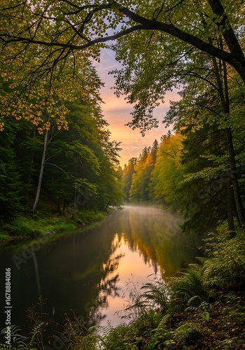 Tranquil Autumn Forest River at Sunrise Reflection.