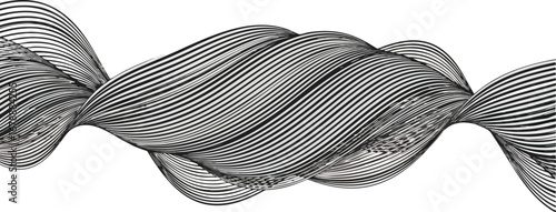 Abstract black and white image featuring a twisting, flowing pattern of parallel lines.