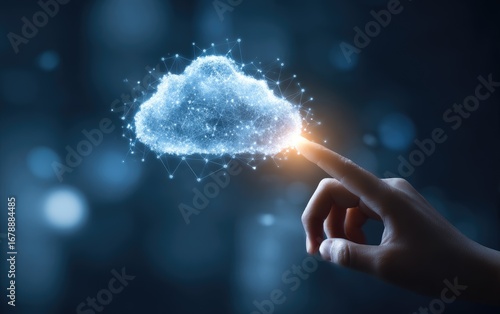 Human Hand Touching a Luminous Digital Cloud Computing Network.