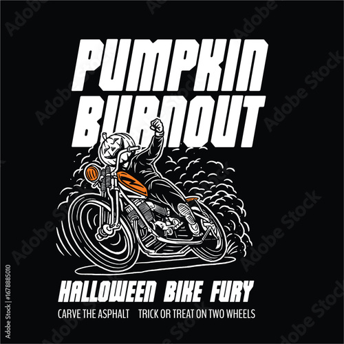 Halloween-themed biker illustration with a pumpkin-headed rider burning tires on a motorcycle