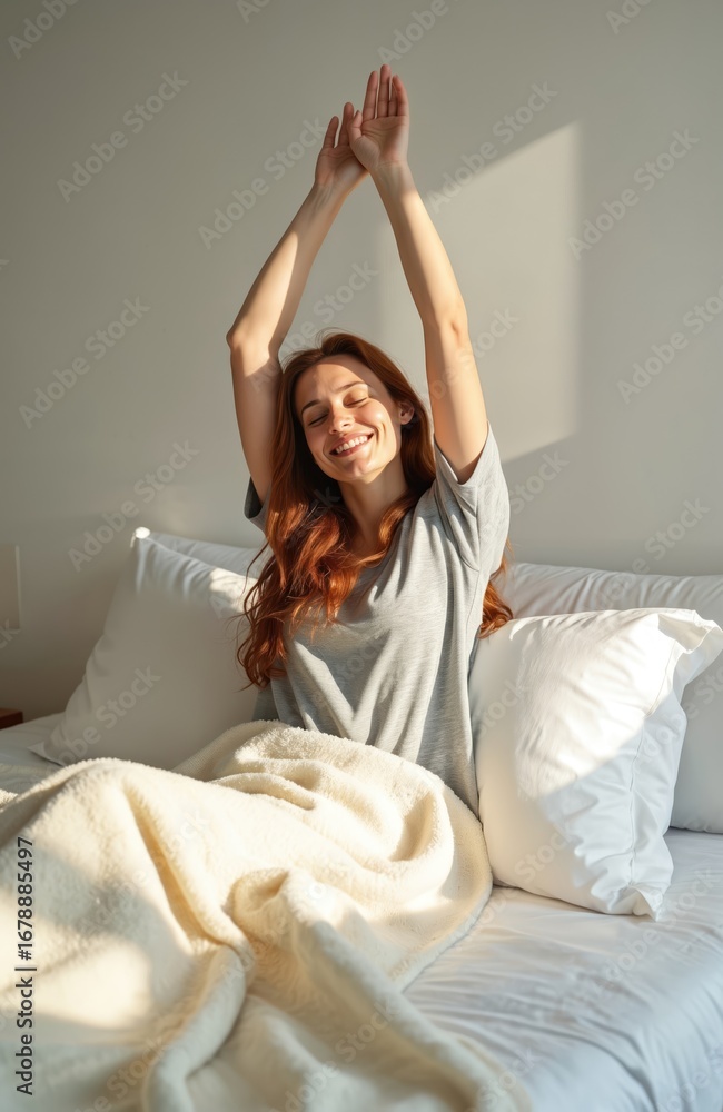 © Vadym - Woman with red hair stretches in bed during morning sunrise. Relaxed lady in pajamas on white bedding with cozy blanket. Healthy lifestyle, wellness, morning routine, feeling refreshed and happy.