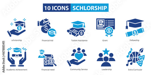 Set of 10 scholarship icons including financial aid, tuition assistance, grant, fellowship, academic achievement, financial need, community service, leadership, and extracurricular activities