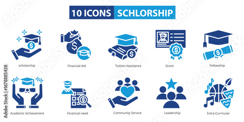 Set of 10 scholarship icons including financial aid, tuition assistance, grant, fellowship, academic achievement, financial need, community service, leadership, and extracurricular activities