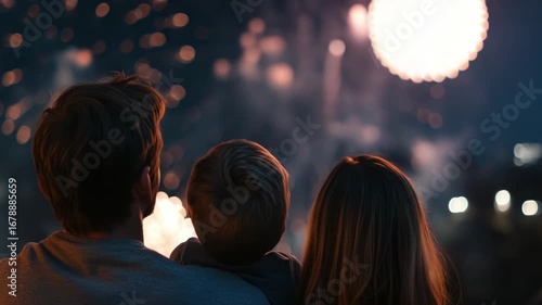 A family watching a fireworks display together at night, with colorful lights illuminating the sky.