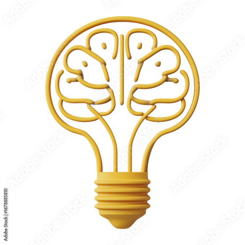 3D Yellow Brain Light Bulb Icon Representing Creativity, Innovation, Intelligence, and Smart Business Ideas