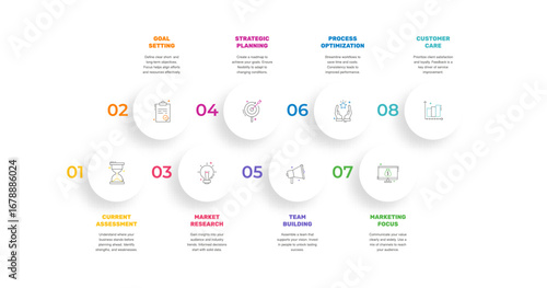 Vector infographic design template. Modern timeline concept with 8 steps, circles. Vector illustration used for diagram, workflow layout, banner, webdesign