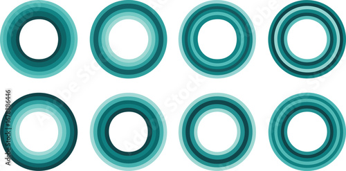 Eight abstract teal circles arranged in two rows, each composed of concentric rings with varying shades.