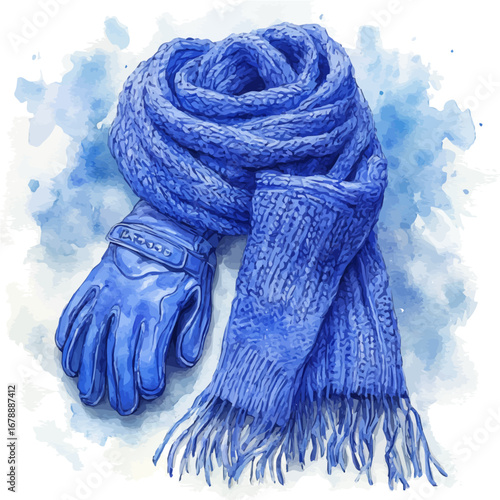 watercolor of Winter Gloves And Scarf, vector, isolated on a white background.
