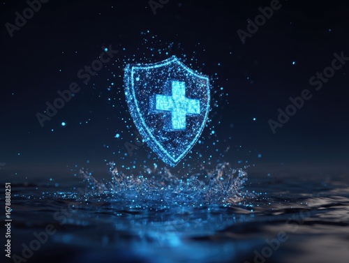 Digital health protection shield with cross symbol emerging from water.