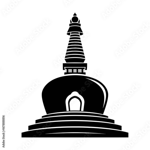 A black and white illustration of a Buddhist stupa, a religious monument.