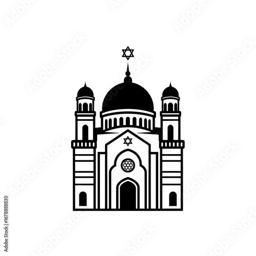 Black and white illustration of a synagogue with a Star of David.