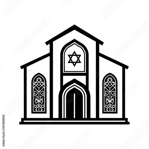 A black and white illustration of a synagogue with a Star of David above the entrance.
