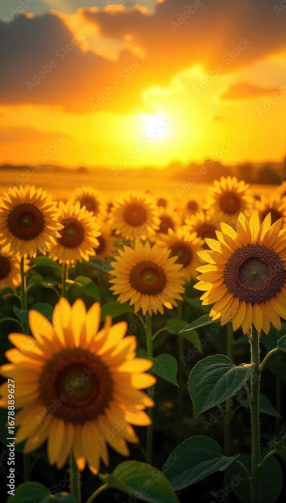 Obraz premium A field of vibrant sunflowers basking in the golden sunlight, their faces turned towards the radiant sun A breathtaking display of nature's beauty and the power of the sun , day, growth