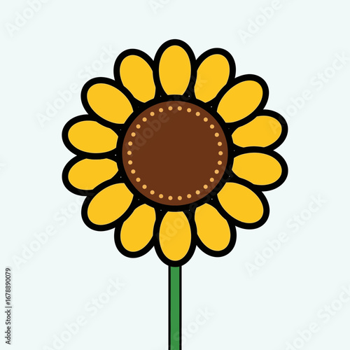 Stylized sunflower with brown center and yellow petals on green stem.