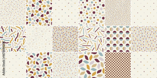 Collection of vector seamless colorful patterns. Trendy vintage textile design. Simple unusual prints