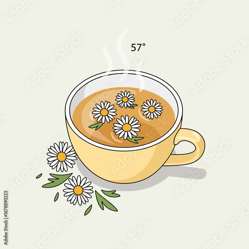 Yellow cup filled with herbal tea and flowers.
