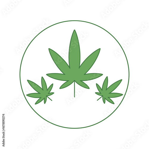 Green cannabis leaves inside a circle on white background.