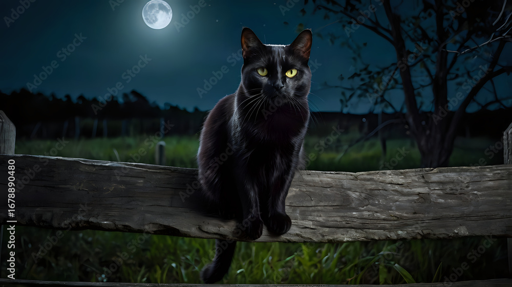 Obraz premium Spooky black cat sitting on a wooden fence under the moonlight