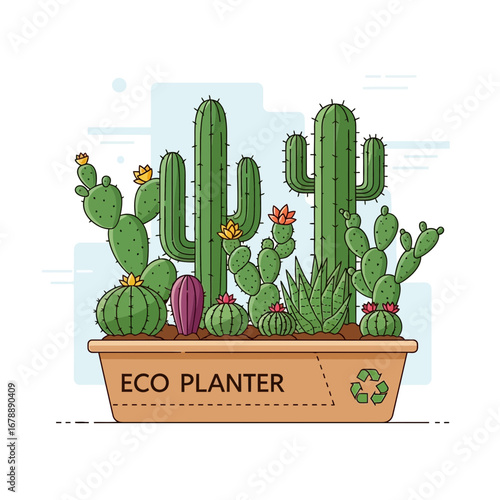 A planter box filled with various desert plants and cacti.