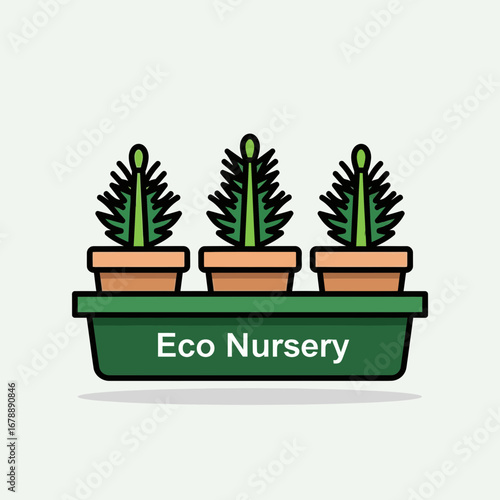 Three potted cacti in a green planter with text.