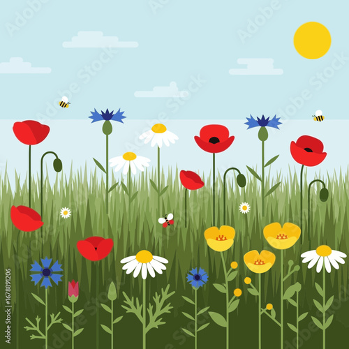 Colorful wildflowers bloom in a sunny meadow with bees.