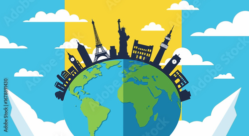 World Landmarks Illustrated on a Globe.