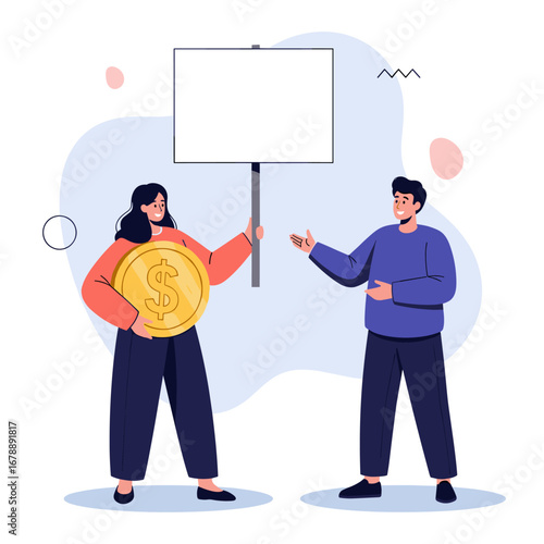 Two people stand on a white background holding a blank sign and a large gold coin with a dollar sign on it