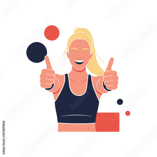 Motivated young woman celebrating success with thumbs up and joyful expression
