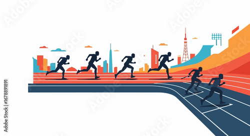 Silhouette of runners sprinting on a track towards a city skyline.