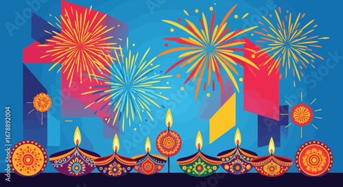 A vibrant graphic illustration celebrating the Hindu festival of Diwali with colorful fireworks and traditional lit oil lamps (diyas).