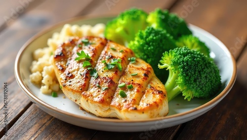 A healthy and delicious white meat lunch featuring grilled chicken breast, quinoa salad, and steamed broccoli Perfect for a light yet satisfying meal , spring lunch, salad
