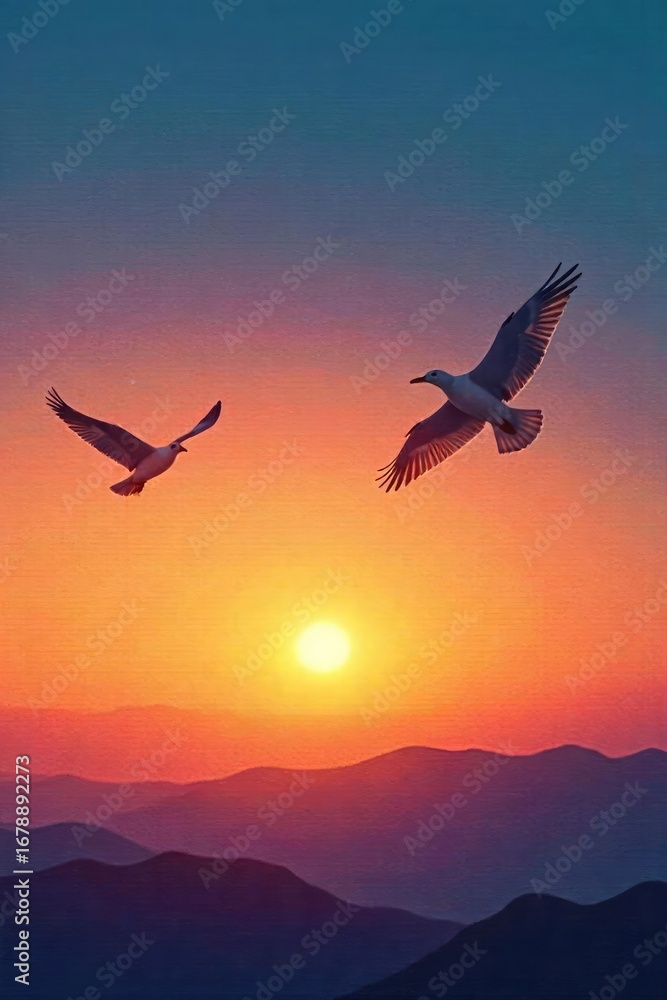 Fototapeta premium A horizontal line of birds in flight, wings outstretched, soaring across a vibrant sunset sky Perfect for travel, freedom, and nature-themed projects , movement, travel