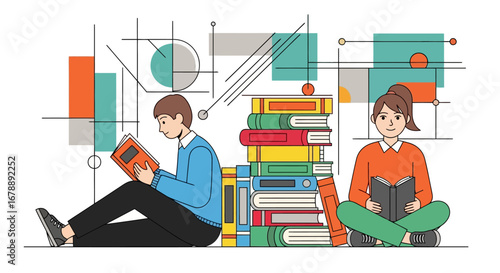 Two students reading books in a library with abstract geometric shapes and charts in the background.