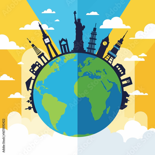 World landmarks on a globe illustration.