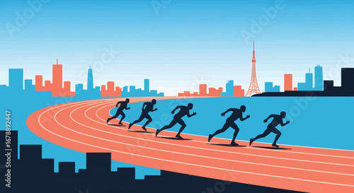 Silhouetted runners sprinting on a curved track towards a city skyline.