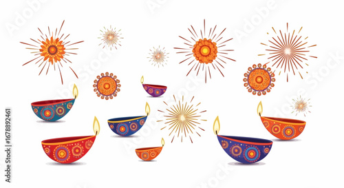 A festive collection of colorful, ornate Diwali oil lamps and vibrant fireworks on a white background.