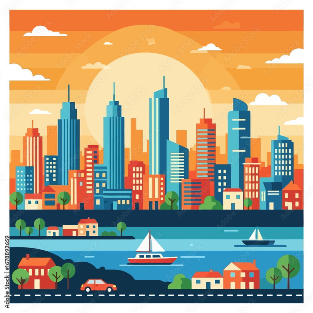 Naklejka premium Colorful flat design illustration of a city skyline with buildings, houses, and a river.