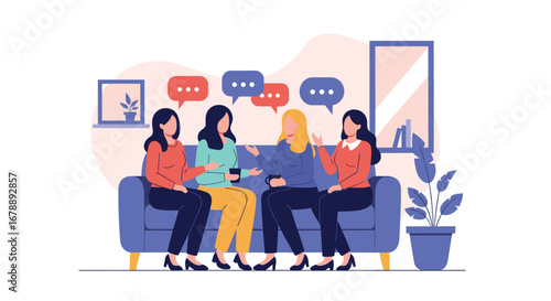 Four women engaged in conversation, sharing ideas and thoughts on a comfy blue sofa, modern design