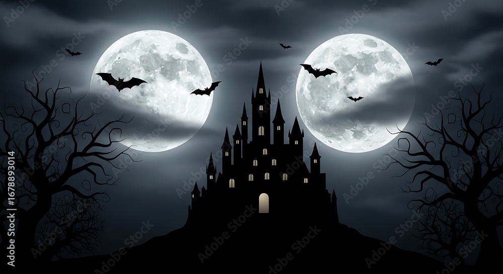 Fototapeta premium Haunted castle on a hill under two full moons and bats