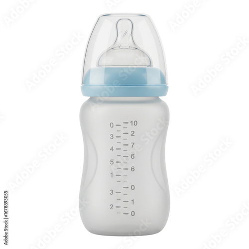Baby bottle with blue cap and nipple isolated on transparent background