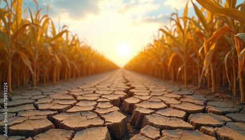 Drought-stricken cornfield with cracked earth, representing poor harvest due to heatwaves, global warming impacts. Parched ground, wilting crops show severe environmental stress, signifying