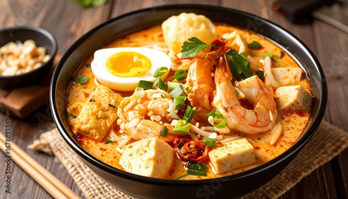 A delicious bowl of traditional spicy curry laksa noodle soup with fresh prawns, tofu, and egg