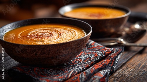 Fototapeta Naklejka Na Ścianę i Meble -  Moroccan spiced carrot soup with cumin and paprika oil, dark clay bowls and patterned napkin,