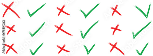 Brush, marker drawn green check mark and red cross icon set Collection of hand drawn doodle tick symbol. Black check mark. Set of hand drawn right and wrong icon
