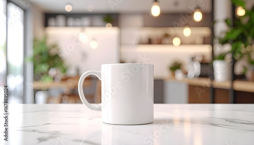 Blank white ceramic coffee mug for design mockup, placed on a white marble countertop with a blurred modern kitchen in the background