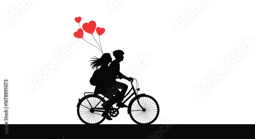 Romantic couple cycling together with heart balloons, celebrating love and togetherness