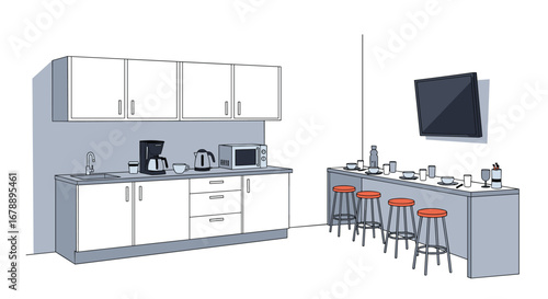 Modern office break room kitchen with coffee maker, microwave, and bar area for team collaboration