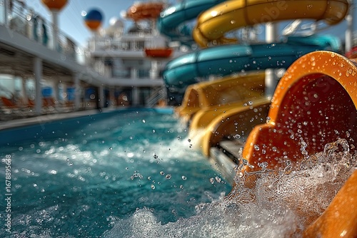 Water slides on a cruise ship deck.  Splashing water from tubes